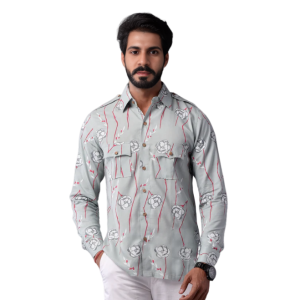 Sanganeri Light Green Hunting Styled Floral Printed Shirt Men - Elegant